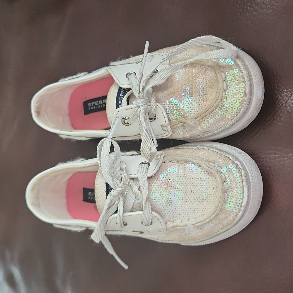 Little girl 10.5 white sequin Sperry boat shoes